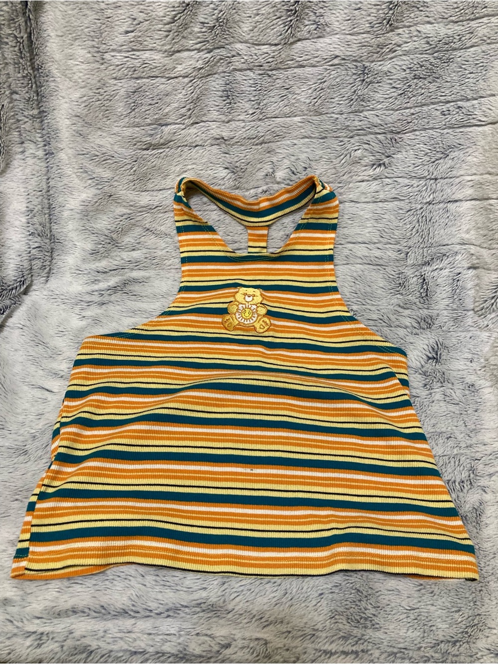 Striped Yellow Green Racerback Tank Top with Care Bear Patch